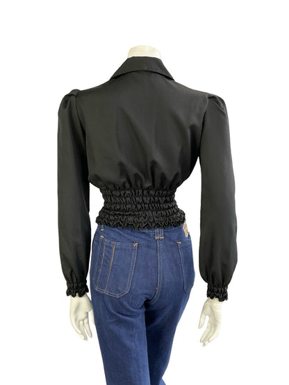 VTG 70S BLACK DISCO RUCHED BLOUSON ELASTICATED WAIST DAGGER NOTCH LAPEL SHIRT 8