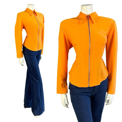 VTG 60S SPACE AGE MOD GOGO BRIGHT ORANGE ZIP UP DAGGER COLLAR SHIRT 12 14 M
