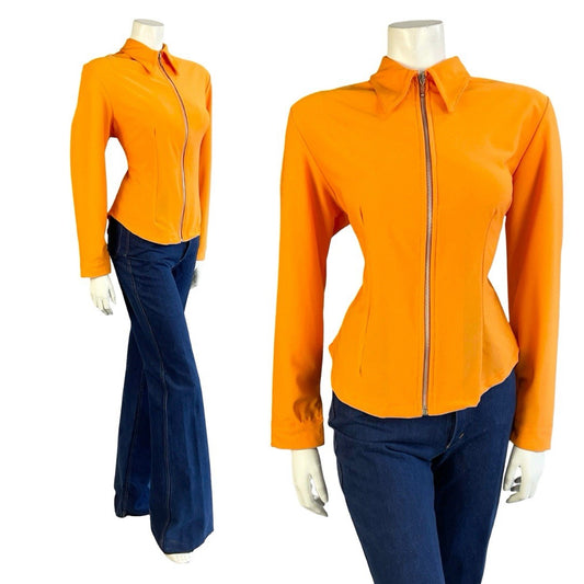 VTG 60S SPACE AGE MOD GOGO BRIGHT ORANGE ZIP UP DAGGER COLLAR SHIRT 12 14 M