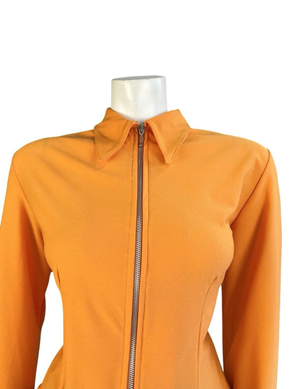 VTG 60S SPACE AGE MOD GOGO BRIGHT ORANGE ZIP UP DAGGER COLLAR SHIRT 12 14 M