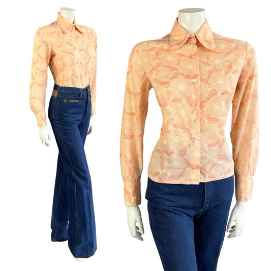 VTG 60S 70S ORANGE PEACH GEOMETRIC PSYCH FLORAL DOG EAR BEAGLE COLLAR SHIRT 12