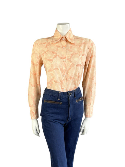 VTG 60S 70S ORANGE PEACH GEOMETRIC PSYCH FLORAL DOG EAR BEAGLE COLLAR SHIRT 12