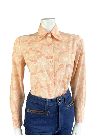 VTG 60S 70S ORANGE PEACH GEOMETRIC PSYCH FLORAL DOG EAR BEAGLE COLLAR SHIRT 12