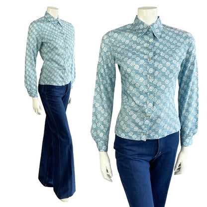 VTG 60S 70S LIGHT BLUE SPIRAL GEOMETRIC SWIRL DAGGER COLLAR SHIRT 10