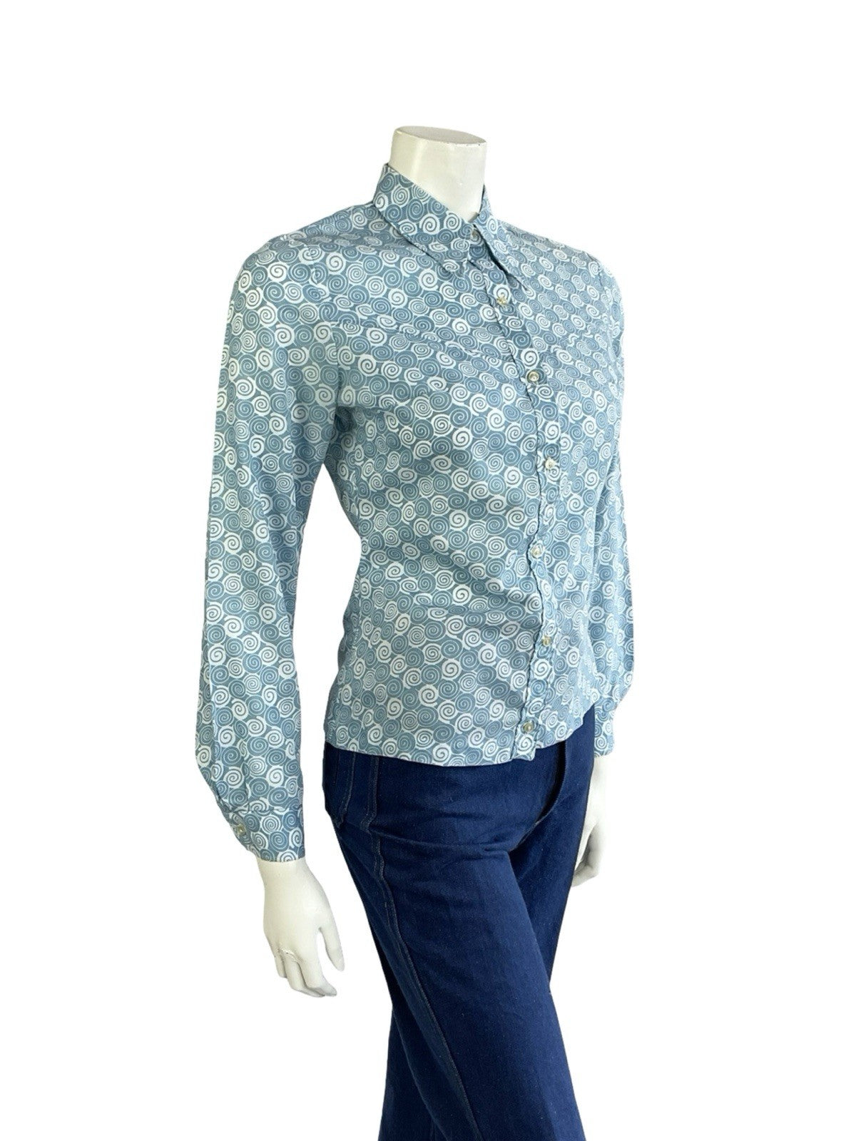 VTG 60S 70S LIGHT BLUE SPIRAL GEOMETRIC SWIRL DAGGER COLLAR SHIRT 10