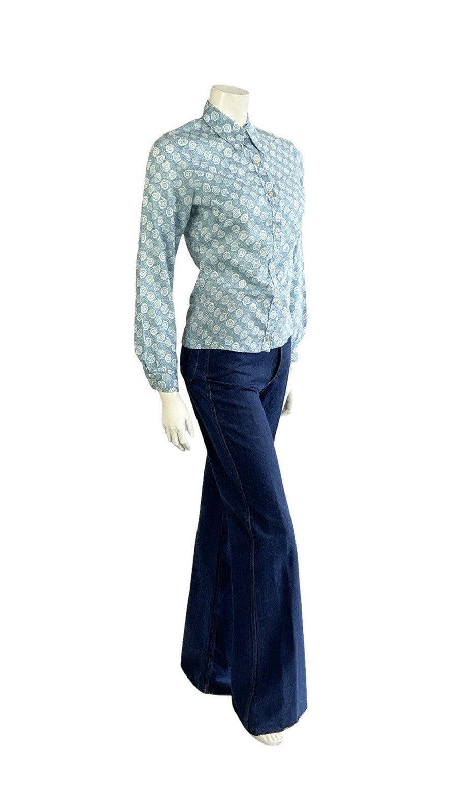 VTG 60S 70S LIGHT BLUE SPIRAL GEOMETRIC SWIRL DAGGER COLLAR SHIRT 10