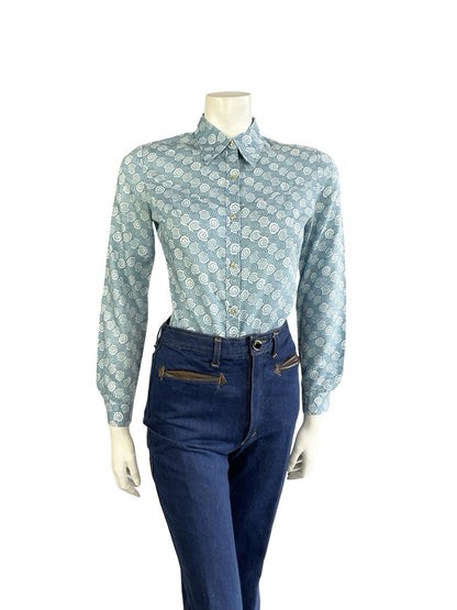 VTG 60S 70S LIGHT BLUE SPIRAL GEOMETRIC SWIRL DAGGER COLLAR SHIRT 10