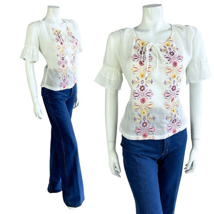 VTG 60S 70S WHITE PURPLE PINK YELLOW FOLK FLORAL EMBROIDERED RUFFLE BLOUSE 12 10