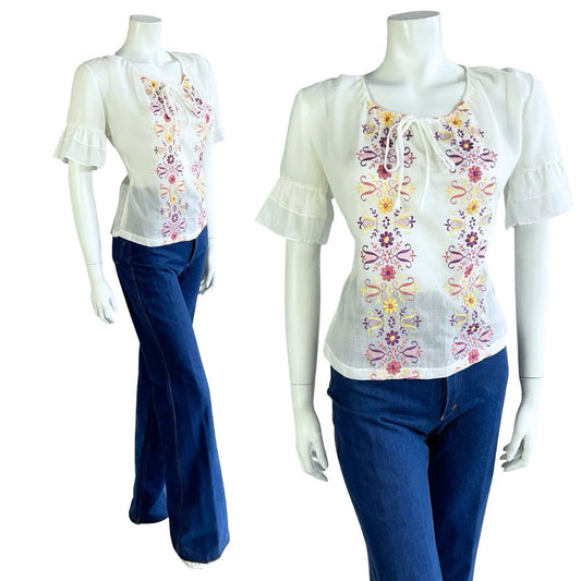 VTG 60S 70S WHITE PURPLE PINK YELLOW FOLK FLORAL EMBROIDERED RUFFLE BLOUSE 12 10
