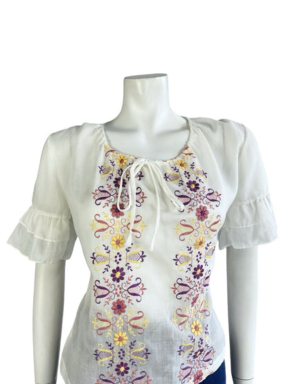 VTG 60S 70S WHITE PURPLE PINK YELLOW FOLK FLORAL EMBROIDERED RUFFLE BLOUSE 12 10