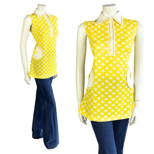 VTG 60S 70S YELLOW WHITE MOD DAISY FLORAL DAGGER COLLAR TANK SHIRT 12 14 M