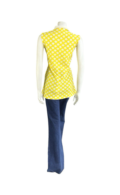VTG 60S 70S YELLOW WHITE MOD DAISY FLORAL DAGGER COLLAR TANK SHIRT 12 14 M