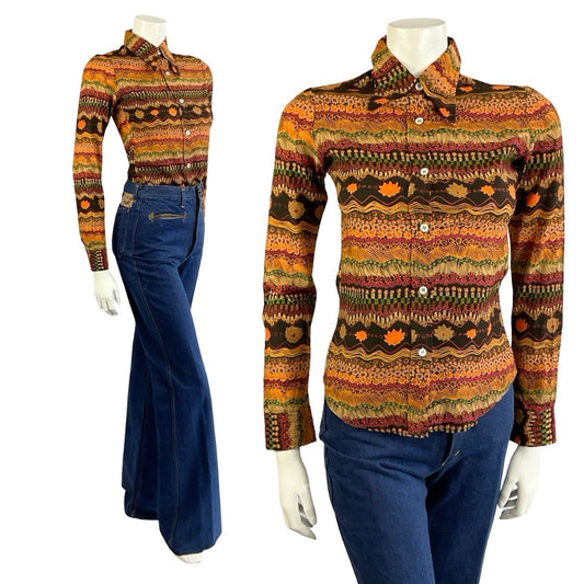 VTG 70S BLACK PINK ORANGE PSYCHEDELIC FLORAL ZIG ZAG DAGGER COLLAR SHIRT 8