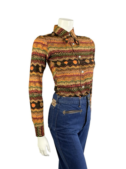 VTG 70S BLACK PINK ORANGE PSYCHEDELIC FLORAL ZIG ZAG DAGGER COLLAR SHIRT 8