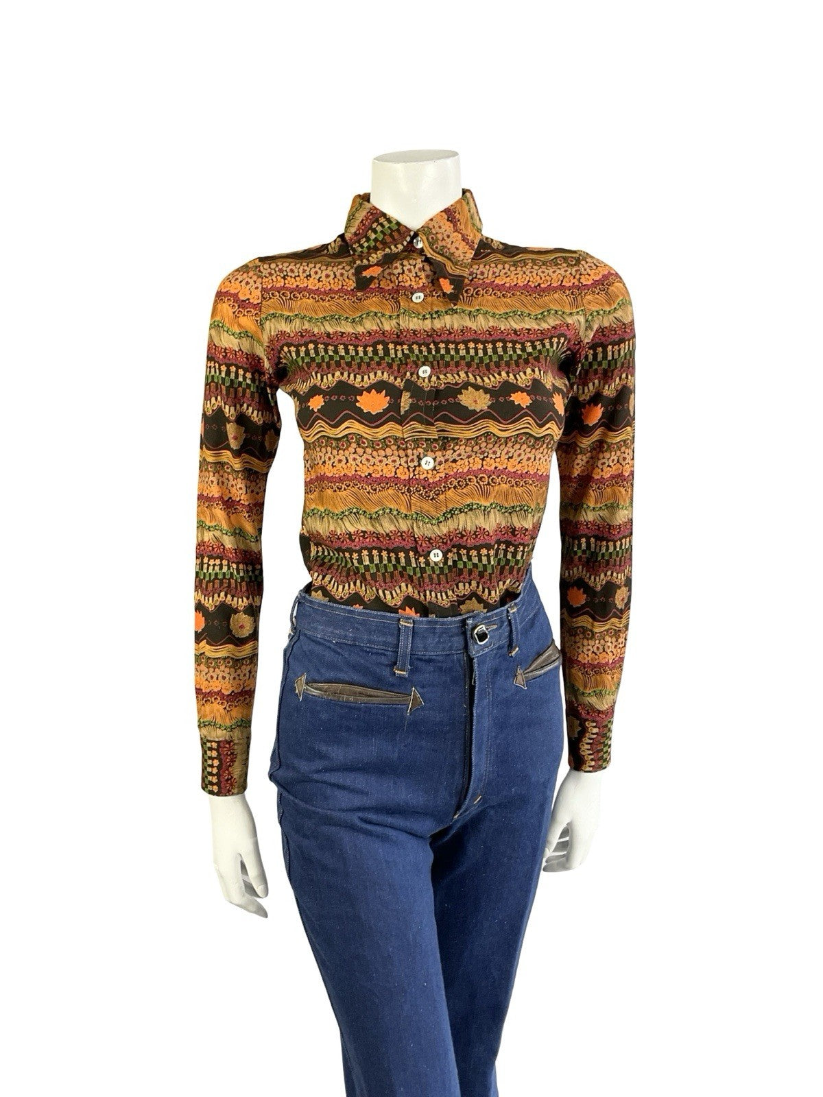 VTG 70S BLACK PINK ORANGE PSYCHEDELIC FLORAL ZIG ZAG DAGGER COLLAR SHIRT 8