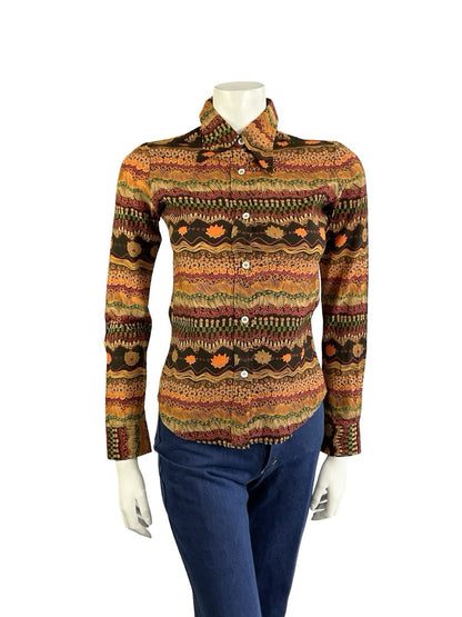 VTG 70S BLACK PINK ORANGE PSYCHEDELIC FLORAL ZIG ZAG DAGGER COLLAR SHIRT 8