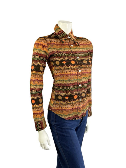 VTG 70S BLACK PINK ORANGE PSYCHEDELIC FLORAL ZIG ZAG DAGGER COLLAR SHIRT 8
