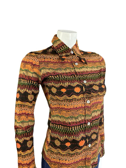 VTG 70S BLACK PINK ORANGE PSYCHEDELIC FLORAL ZIG ZAG DAGGER COLLAR SHIRT 8