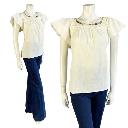 VTG 60S 70S BOHO FOLK CREAM NATURAL COTTON PINK GREEN CROCHETED FLORAL BLOUSE 14