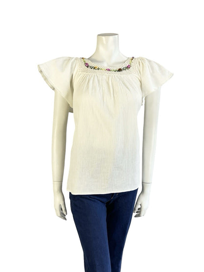 VTG 60S 70S BOHO FOLK CREAM NATURAL COTTON PINK GREEN CROCHETED FLORAL BLOUSE 14