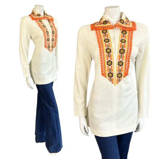 VTG 60S 70S CREAM ORANGE YELLOW BROWN HIPPY FOLK FLORAL ZIP UP TUNIC SHIRT 14
