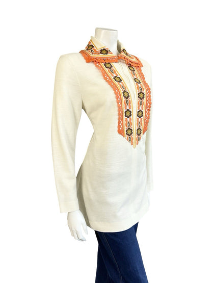 VTG 60S 70S CREAM ORANGE YELLOW BROWN HIPPY FOLK FLORAL ZIP UP TUNIC SHIRT 14