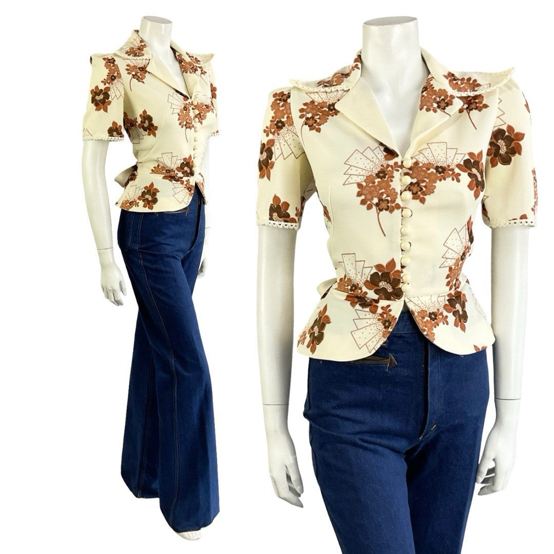 VTG 70S RICHARD SHOPS CREAM BROWN FLORAL ART DECO PEPLUM NOTCH LAPEL SHIRT 8