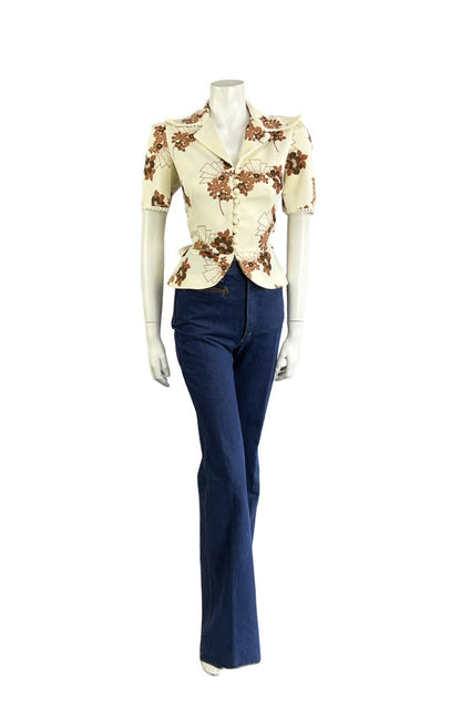 VTG 70S RICHARD SHOPS CREAM BROWN FLORAL ART DECO PEPLUM NOTCH LAPEL SHIRT 8