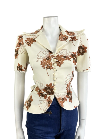VTG 70S RICHARD SHOPS CREAM BROWN FLORAL ART DECO PEPLUM NOTCH LAPEL SHIRT 8