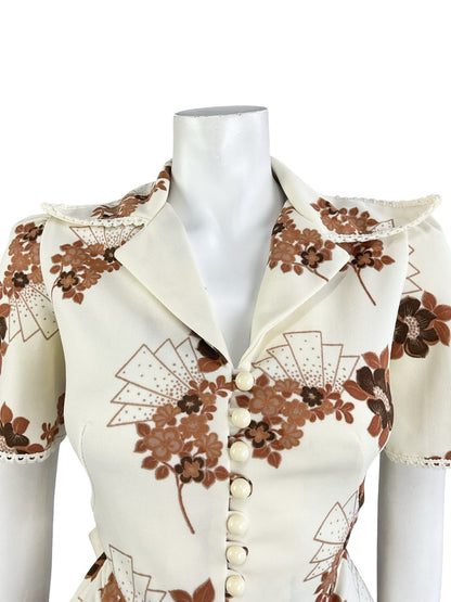 VTG 70S RICHARD SHOPS CREAM BROWN FLORAL ART DECO PEPLUM NOTCH LAPEL SHIRT 8
