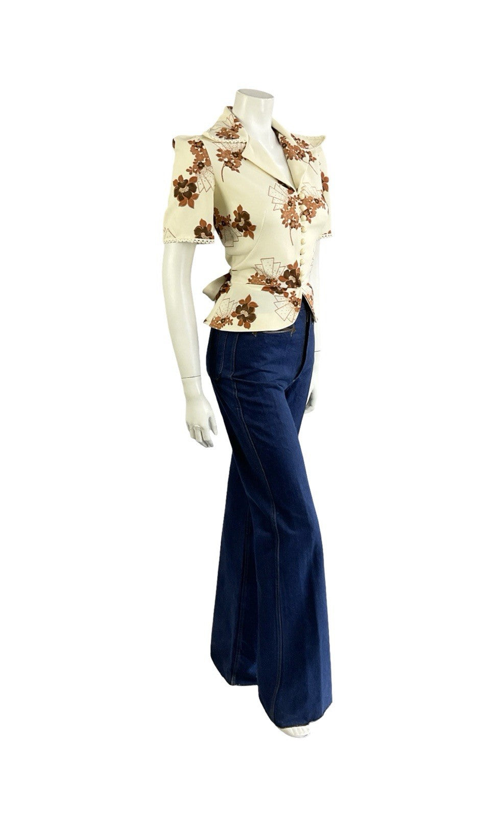 VTG 70S RICHARD SHOPS CREAM BROWN FLORAL ART DECO PEPLUM NOTCH LAPEL SHIRT 8