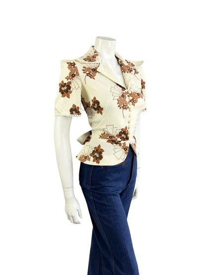 VTG 70S RICHARD SHOPS CREAM BROWN FLORAL ART DECO PEPLUM NOTCH LAPEL SHIRT 8