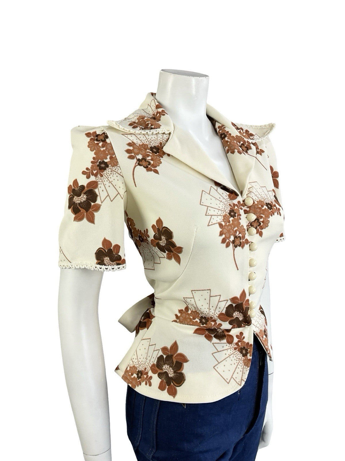 VTG 70S RICHARD SHOPS CREAM BROWN FLORAL ART DECO PEPLUM NOTCH LAPEL SHIRT 8