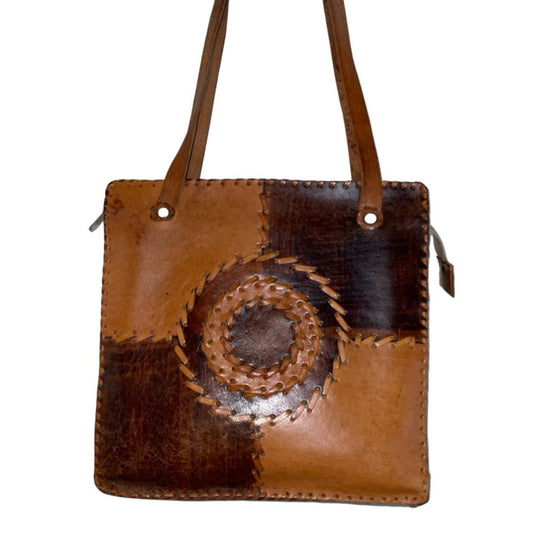 VTG 60S 70S TAN BROWN LEATHER MOD GEOMETRIC STITCHED LEOPARD SHOULDER BAG