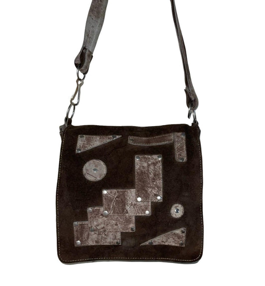 VTG 70S 80S BROWN BEIGE GEOMETRIC SILVER STUDDED SUEDE NEW WAVE SHOULDER BAG