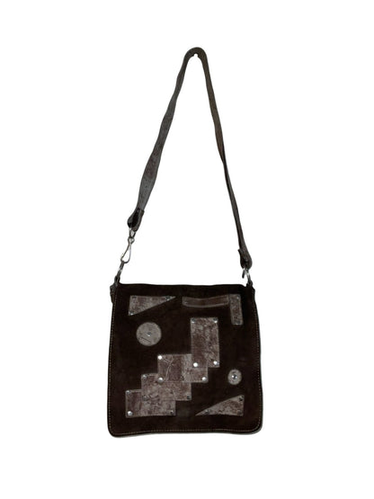 VTG 70S 80S BROWN BEIGE GEOMETRIC SILVER STUDDED SUEDE NEW WAVE SHOULDER BAG