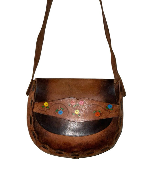 VTG 60S 70S BROWN FLORAL FOLK BOHO HAND PAINTED STITCHED SHOULDER BAG