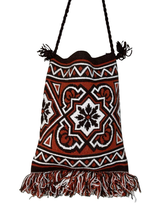 VTG 70S HIPPY TAPESTRY GEOMETRIC BROWN RED WHITE KNITTED TOTE SHOPPER BAG