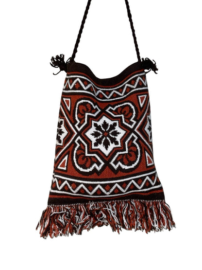 VTG 70S HIPPY TAPESTRY GEOMETRIC BROWN RED WHITE KNITTED TOTE SHOPPER BAG