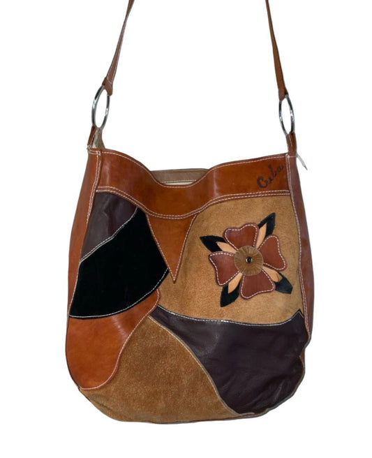 VTG 70S BROWN TAN BLACK SUEDE LEATHER PATCHWORK FLOWER CUBA CROSS BODY BAG