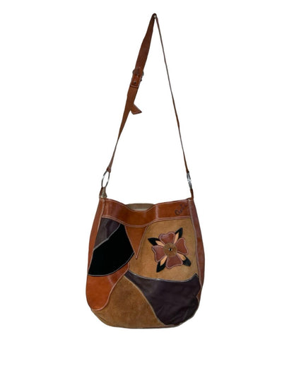 VTG 70S BROWN TAN BLACK SUEDE LEATHER PATCHWORK FLOWER CUBA CROSS BODY BAG