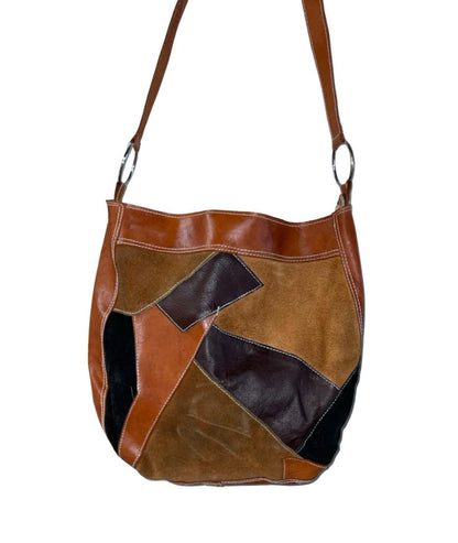 VTG 70S BROWN TAN BLACK SUEDE LEATHER PATCHWORK FLOWER CUBA CROSS BODY BAG