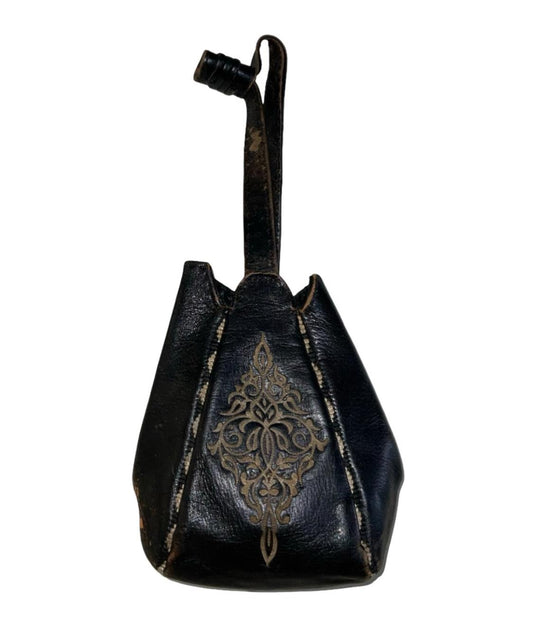 VTG 60S 70S BLACK LEATHER CRAM EMBROIDERY BOHO POUCH HAND BAG
