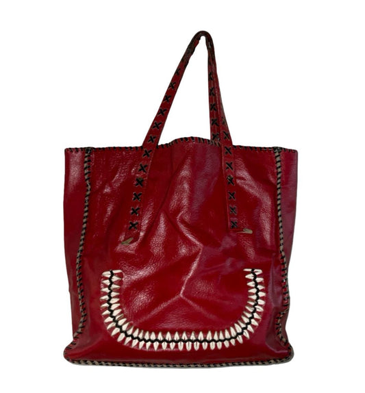 VTG 70S RED BLACK CREAM LEATHER STITCHED HIPPY BOHO SMILE HAND BAG