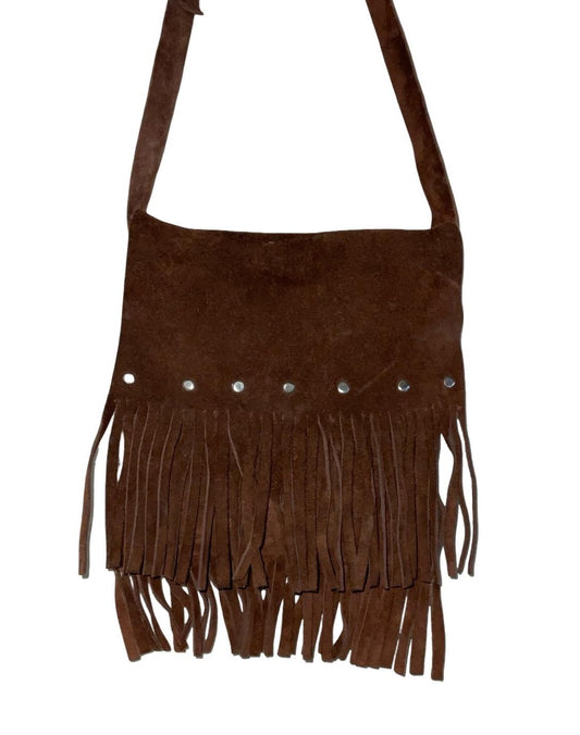 VTG 70S BROWN SUEDE WESTERN BOHO FRINGE SILVER STUDDED SHOULDER BAG