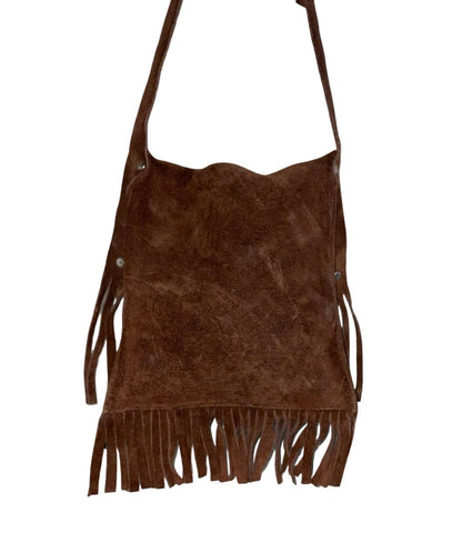 VTG 70S BROWN SUEDE WESTERN BOHO FRINGE SILVER STUDDED SHOULDER BAG