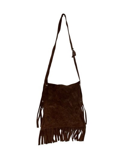 VTG 70S BROWN SUEDE WESTERN BOHO FRINGE SILVER STUDDED SHOULDER BAG