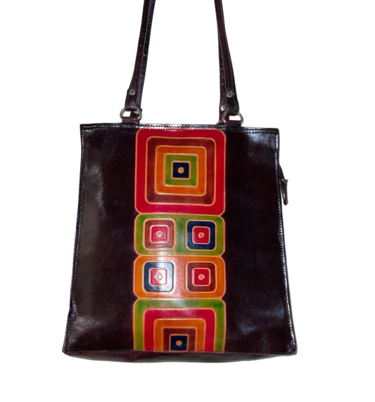VTG 70S STYLE PURPLE RED GREEN MOD RETRO LEATHER SQUARE GEOMETRIC SHOULDER BAG