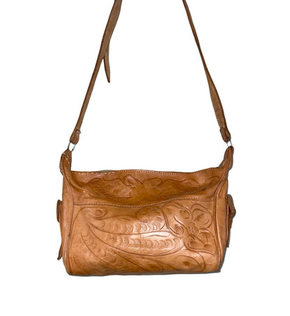 VTG 70S TAN BROWN LEATHER BOHO HIPPY PAISLEY PSYCHEDELIC CROSS BODY BAG