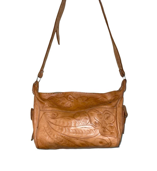 VTG 70S TAN BROWN LEATHER BOHO HIPPY PAISLEY PSYCHEDELIC CROSS BODY BAG